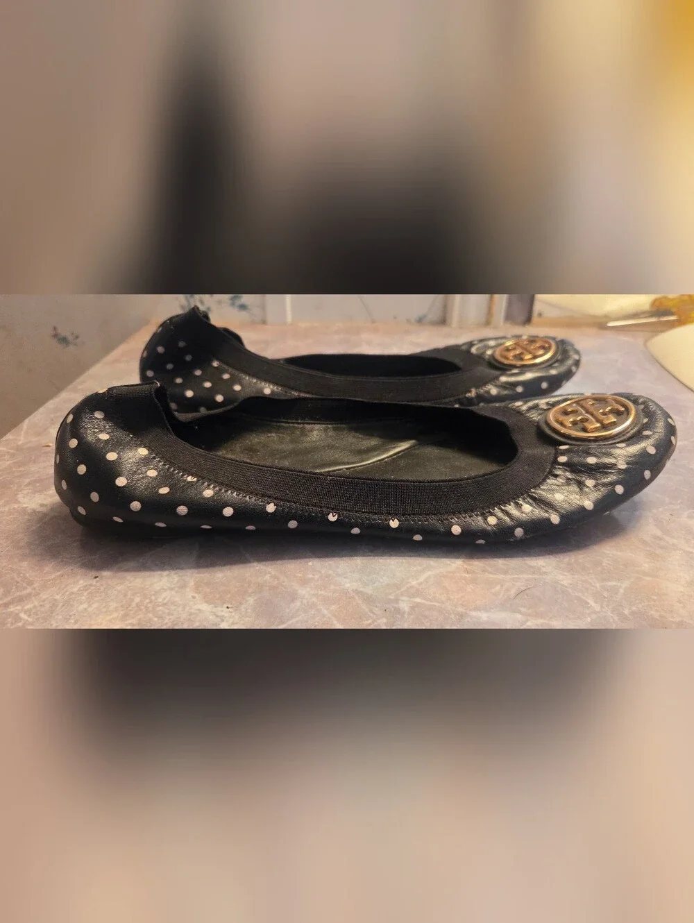Tory Burch Black Polka Dot  Ballet Flats with Gold Logo